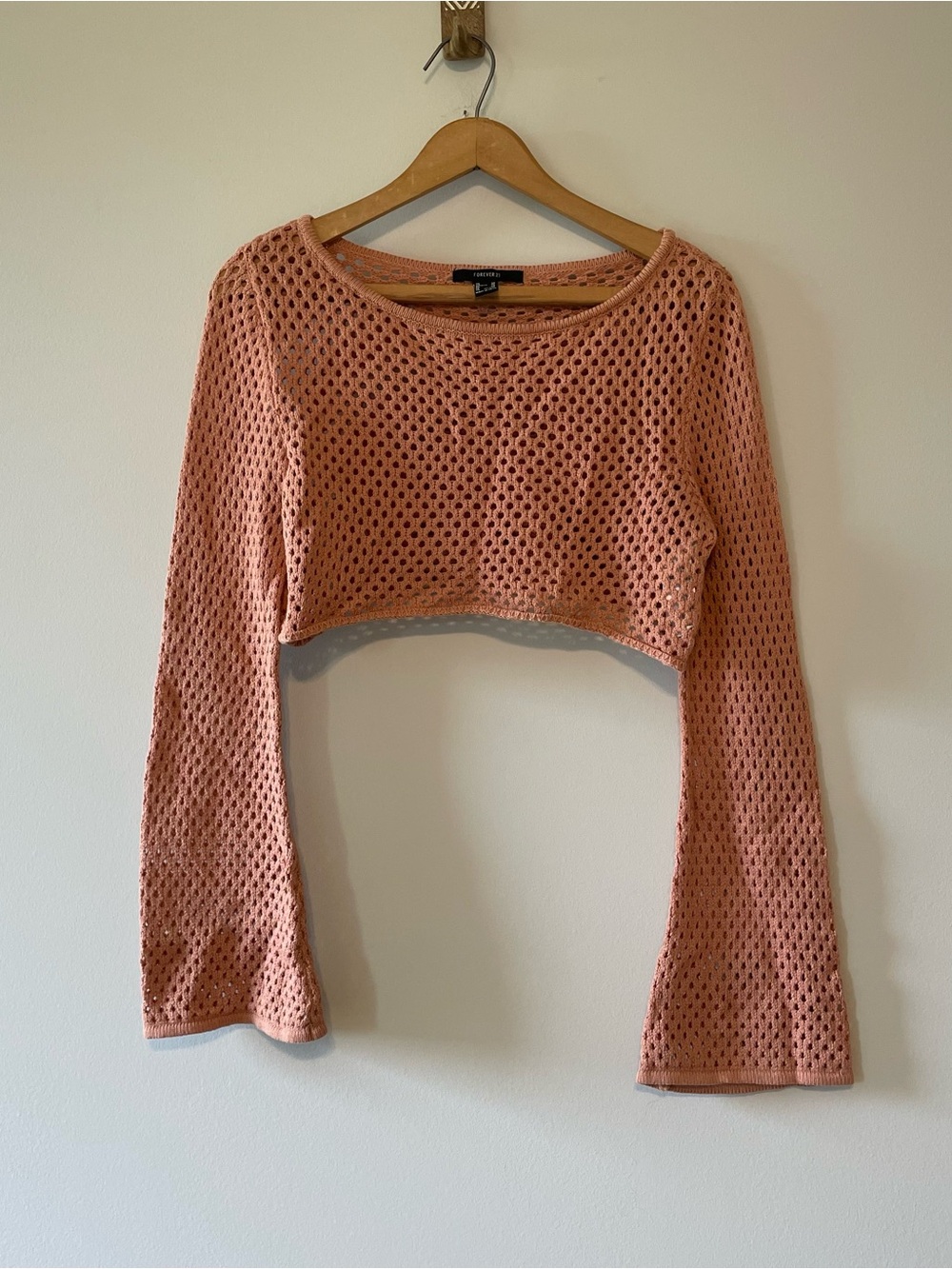 Crochet Knit Cropped Sweater Top Bell Sleeve Size Small Boho Festival Gypsy